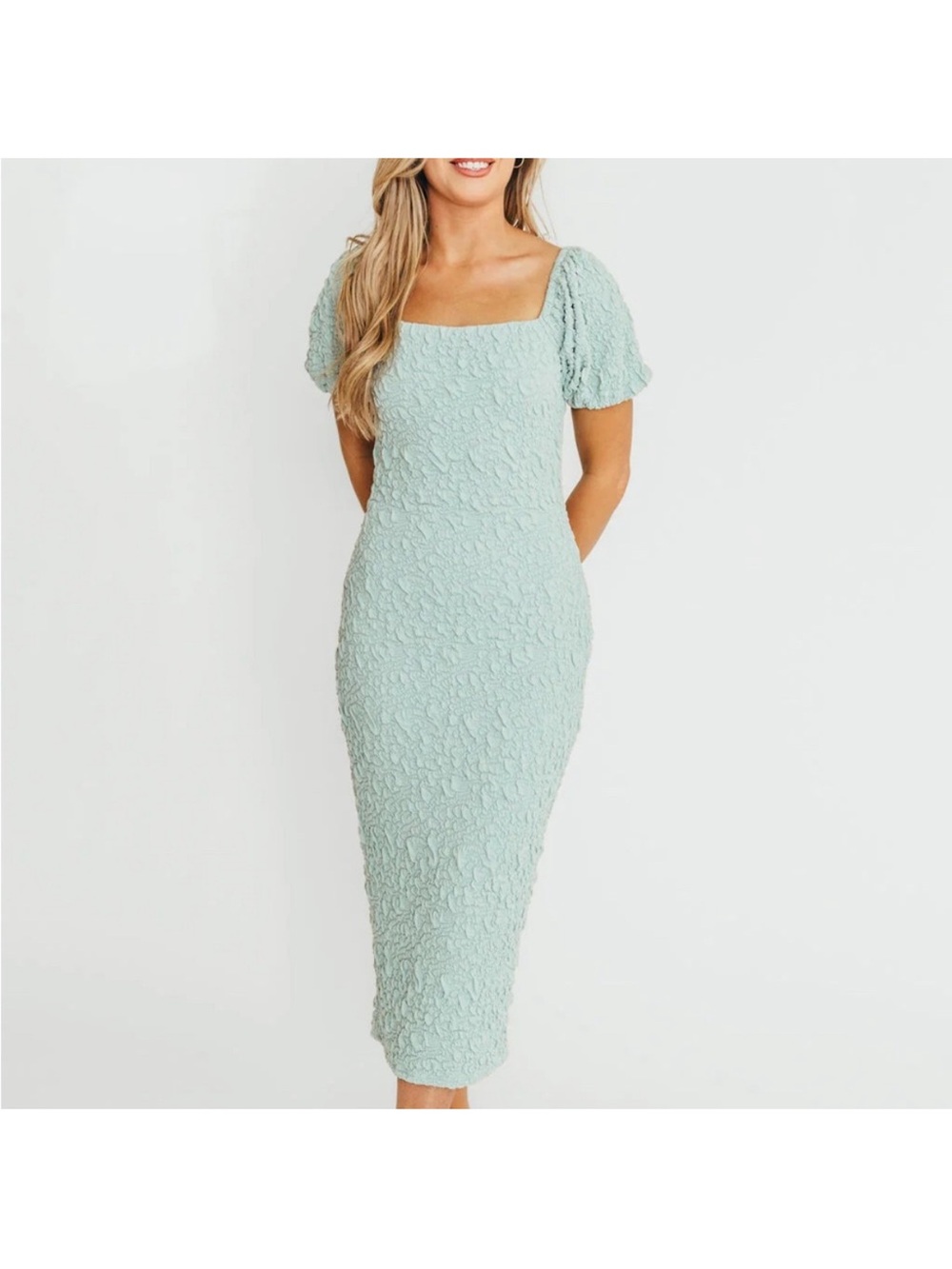 WORTH COLLECTIVE Blakeley Textured Midi Dress Seafoam puff sleeve Bump Friendly
